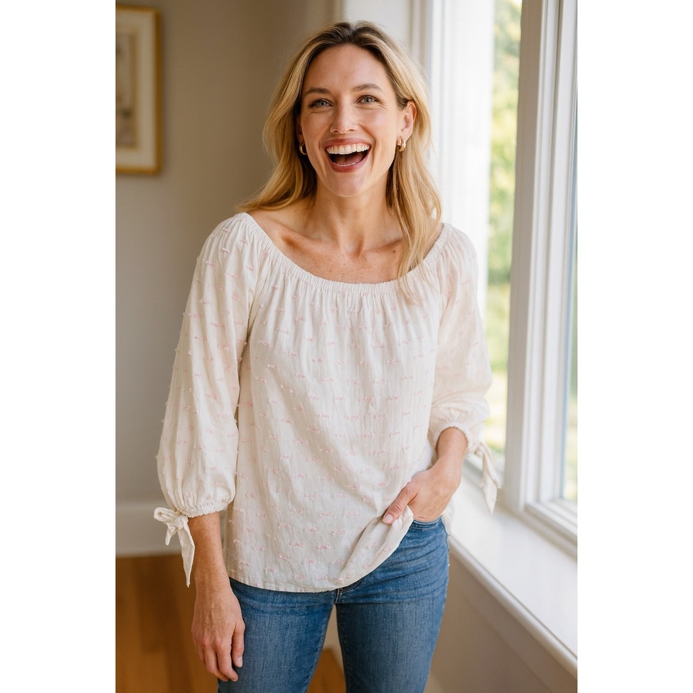 Ann‎ Mashburn Bow Embroidered Off-Shoulder Top Off-White Pink XS
